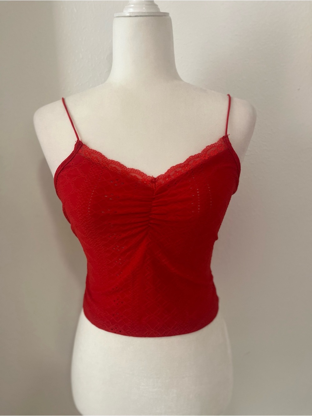 Lace Neckline Red Tank Top For Women